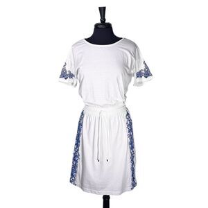 Ralph Lauren Women's Dress White Blue Embroidered Elastic Waist Beach Summer S